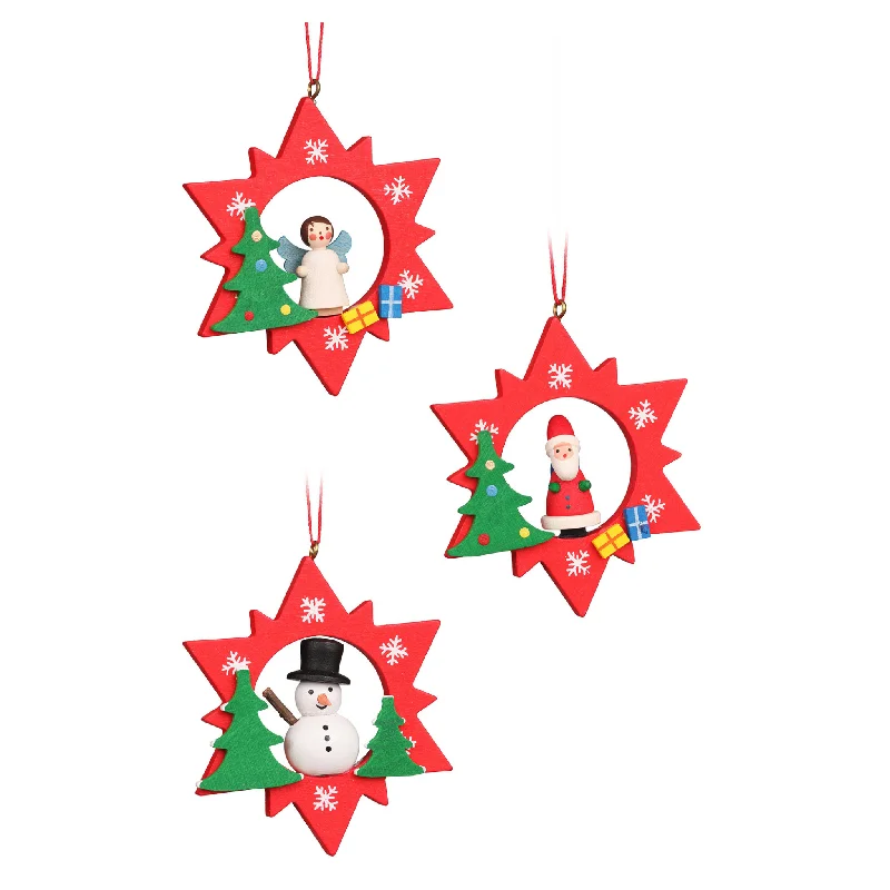 Set of Six Christian Ulbricht Angel, Santa, Snowman Red Star Christmas Ornaments