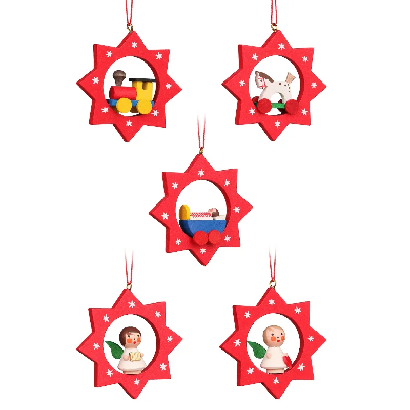 Set of Six Christian Ulbricht Toys in Red Stars Christmas Ornaments