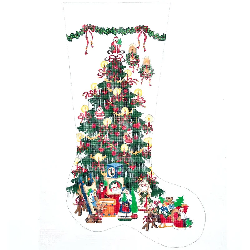 Tree, Poinsettias, and Toys Full Size Stocking (18 mesh)