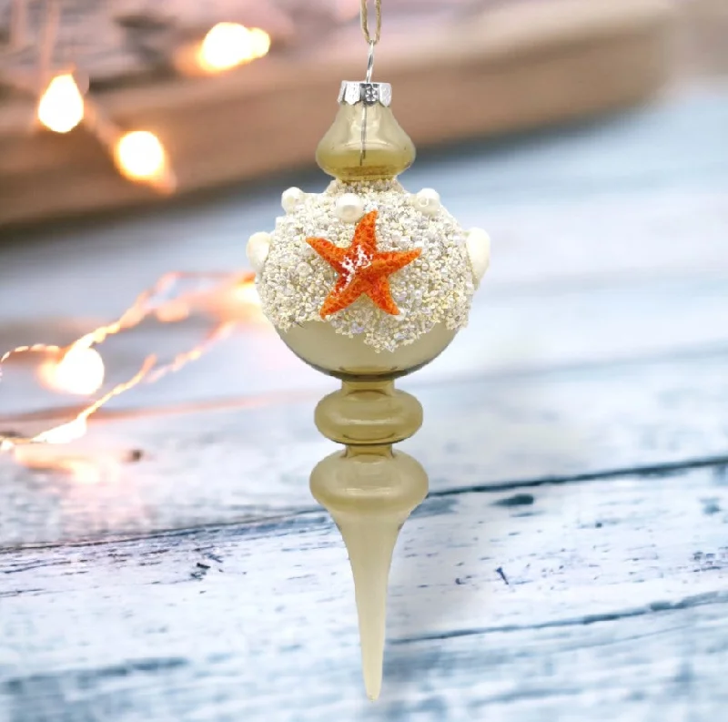 Tan Coastal Finial Ornament With Pearls Set Of 2