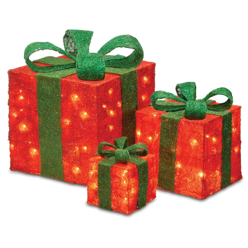 Pre-Lit Red Gift Boxes, Set of Three, White Lights