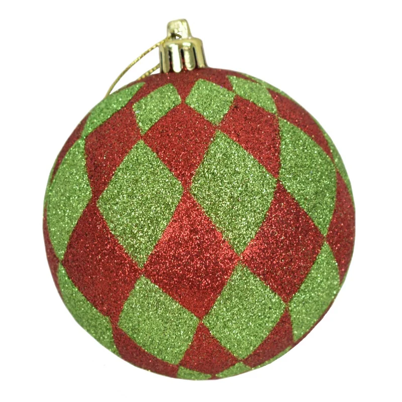 4” Apple Green/Red Harlequin Print Glitter Ball Ornament