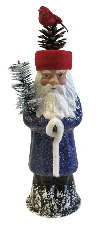 Santa in Russian Hat, Paper Mache Candy Container, blue with pinecone and bird decor, by Ino Schaller