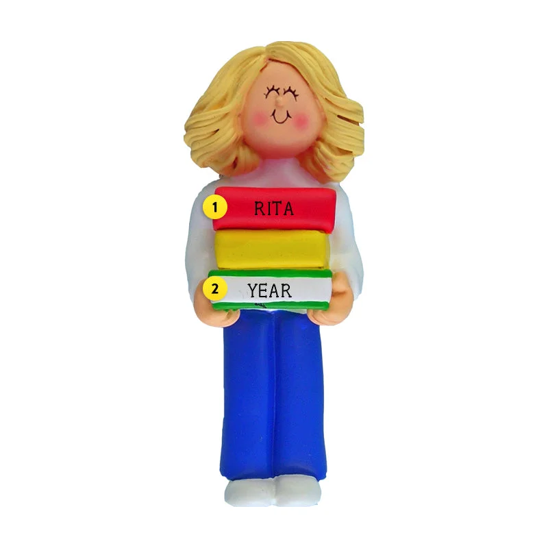 Personalized Book Reader Ornament - Female, Blonde Hair