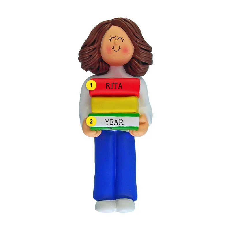 Personalized Book Reader Ornament - Female, Brown Hair