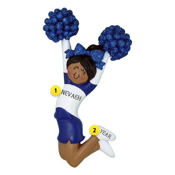 Personalized Cheerleader Blue Uniform Ornament- Female, African American