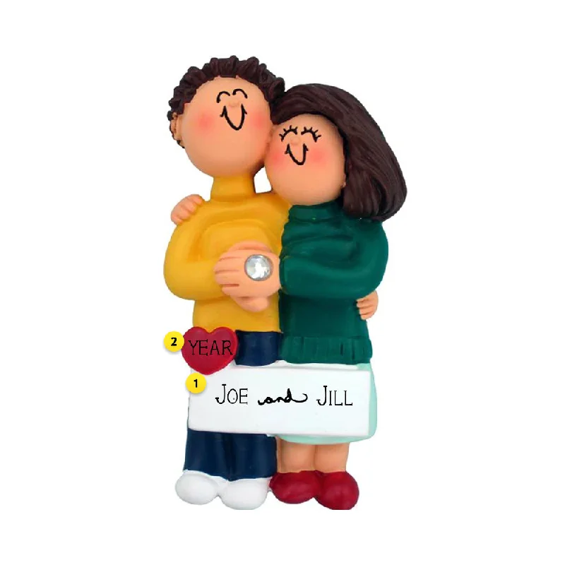 Personalized Engaged Couple Ornament - Male, Brown Hair and Female, Brown Hair