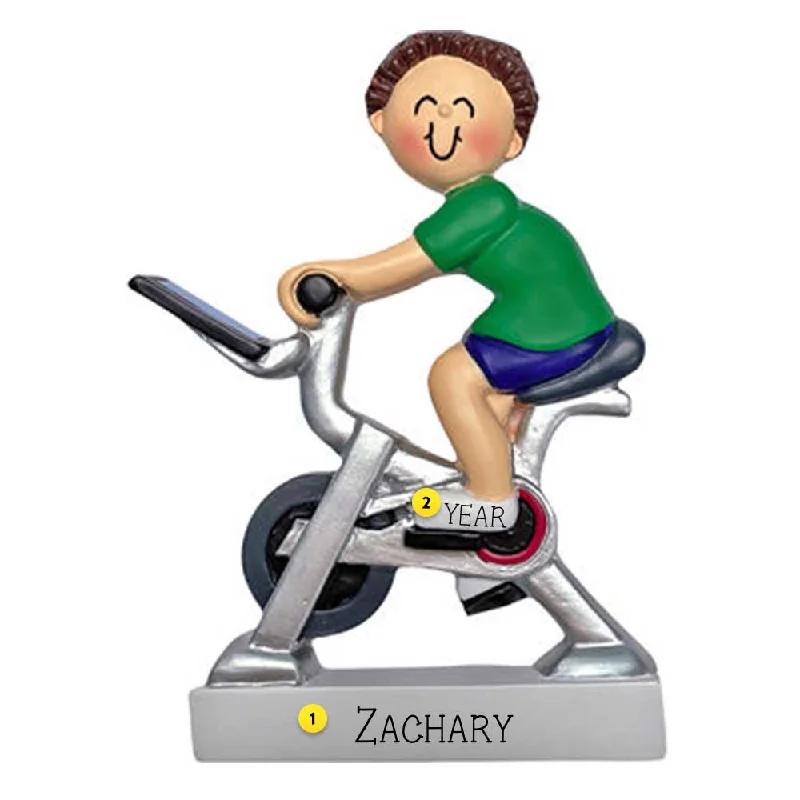 Personalized Exercise Bike Ornament - Male, Brunette Hair