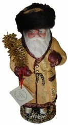 Santa in Russian Hat, Paper Mache Candy Container, gold with bronze glitter trim by Ino Schaller