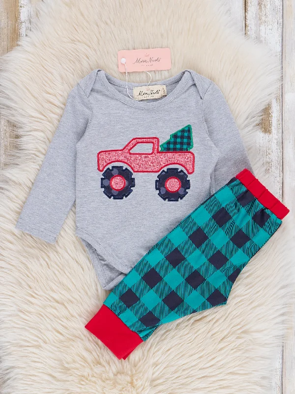 Green Gingham Holiday Monster Truck Bubble Outfit