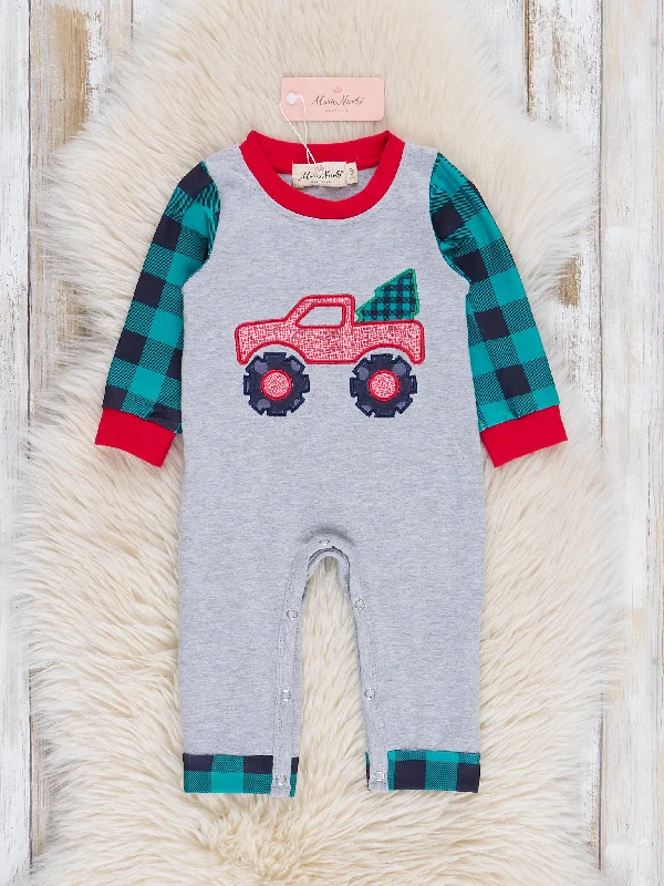 Green Gingham Holiday Monster Truck Romper