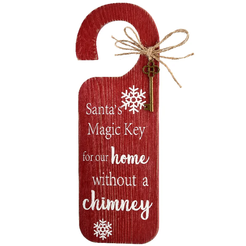 12 in. Santa's Key Doorknob Christmas Sign, Red with White Lettering and Decorative Ornate Key, Snowflakes