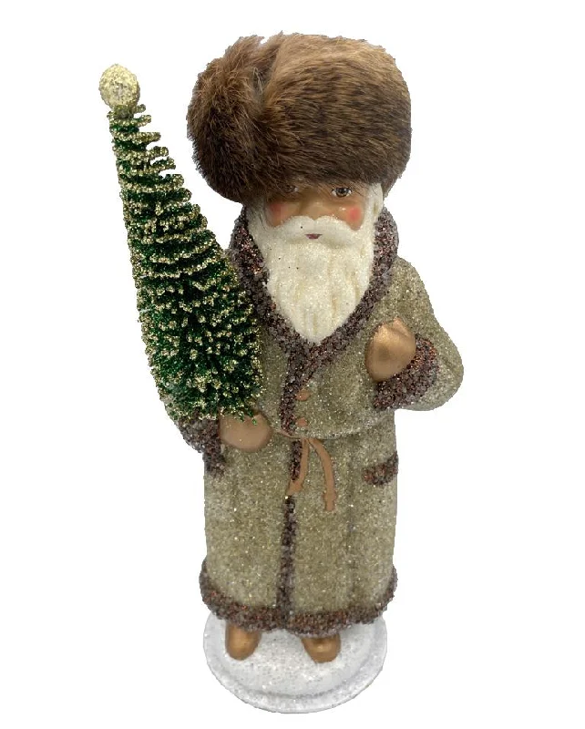 Santa in Russian Hat, Paper Mache Candy Container, gold and brown glitter, by Ino Schaller