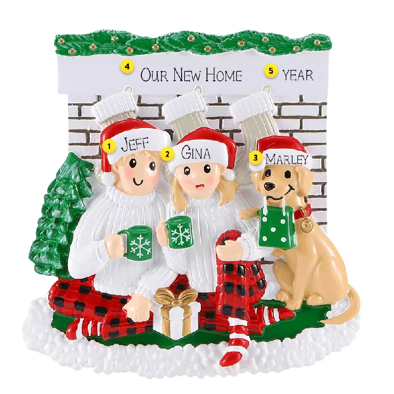 Personalized Fireplace Couple with Dog Ornament