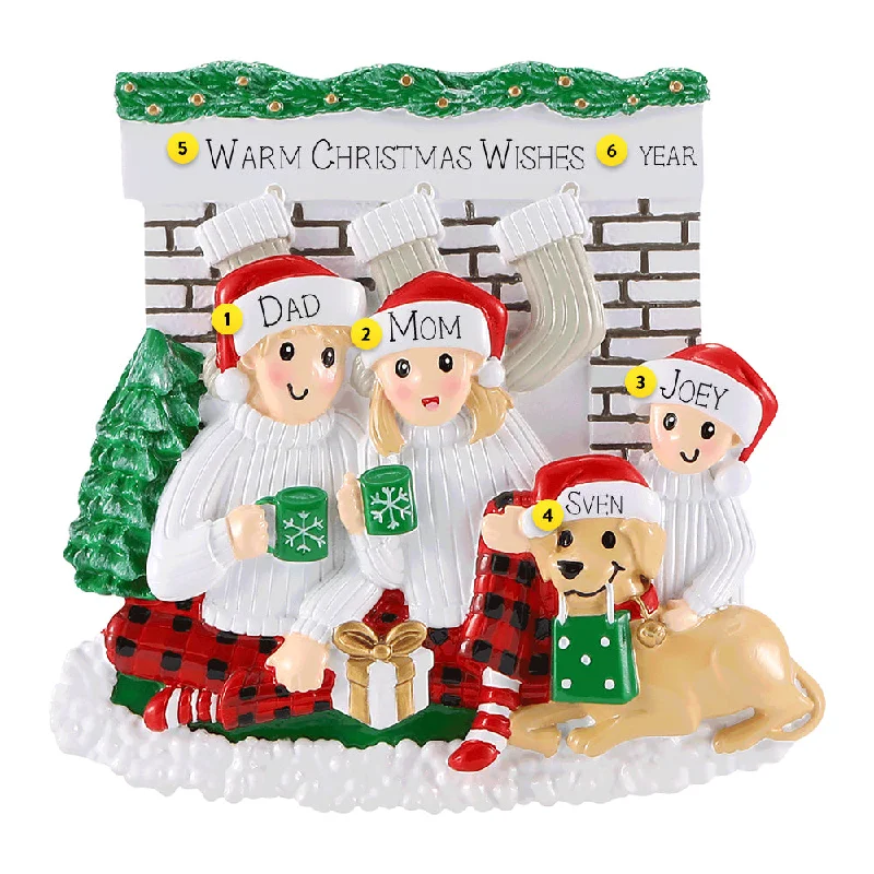 Personalized Fireplace Family of 3 with Dog Ornament