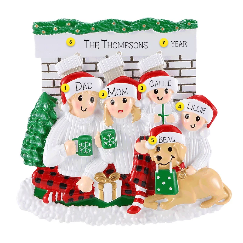 Personalized Fireplace Family of 4 with Dog Ornament