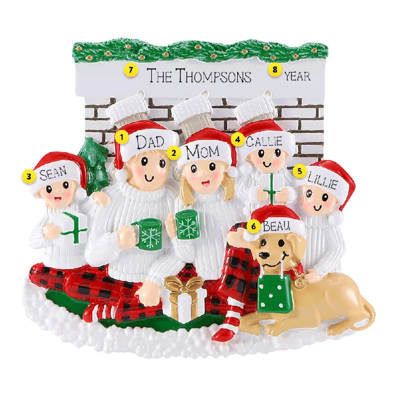 Personalized Fireplace Family of 5 with Dog Ornament