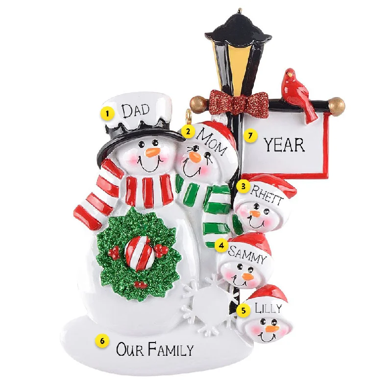 Personalized Lamppost Snow Family of 5 Ornament