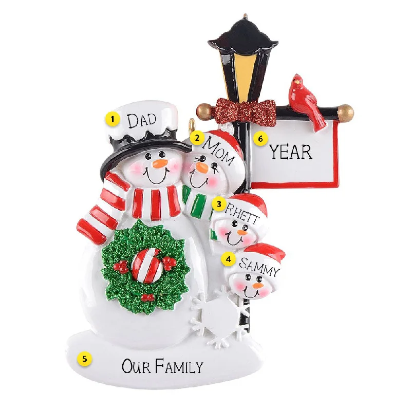 Personalized Lamppost Snow Family of 4 Ornament