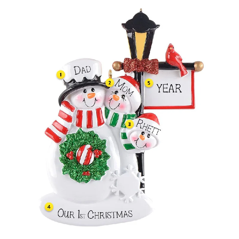 Personalized Lamppost Snow Family of 3 Ornament