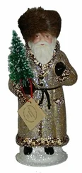 Santa in Russian Hat, Paper Mache Candy Container, latte glitter with fur, by Ino Schaller