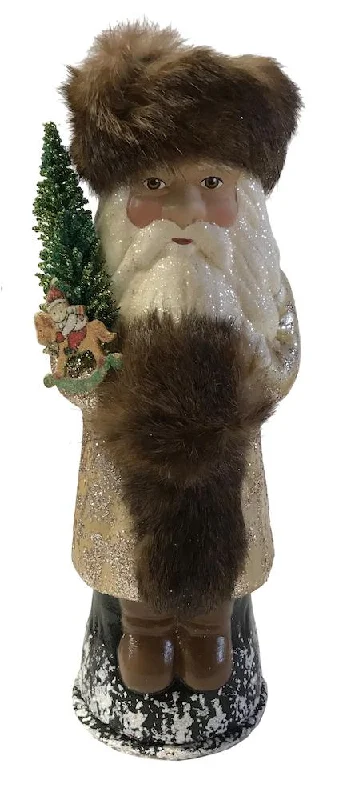 Santa in Russian Hat, Paper Mache Candy Container, gold glitter with fur hat, by Ino Schaller