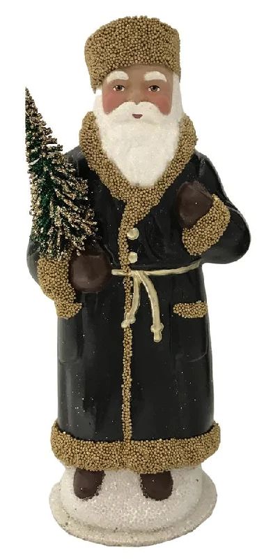 Santa in Russian Hat, Paper Mache Candy Container, black with gold beaded trim, by Ino Schaller