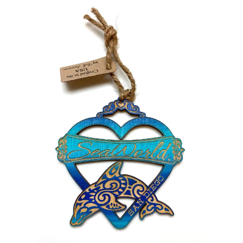 SeaWorld California Dolphin Heart Wooden Ornament