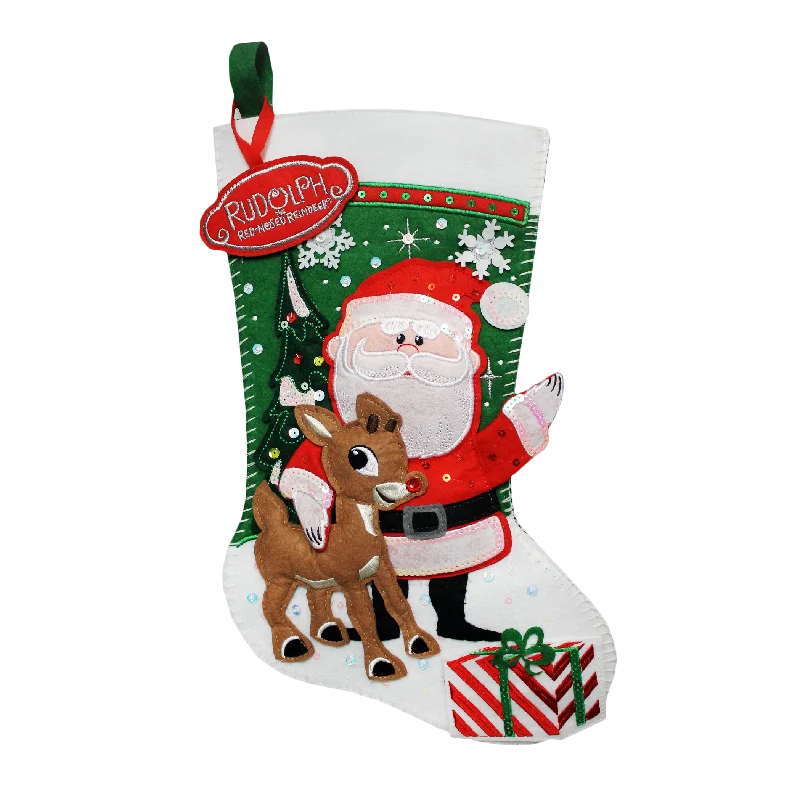 SeaWorld Rudolph the Red-Nosed Reindeer® Santa Red Green Felt Stocking 18"