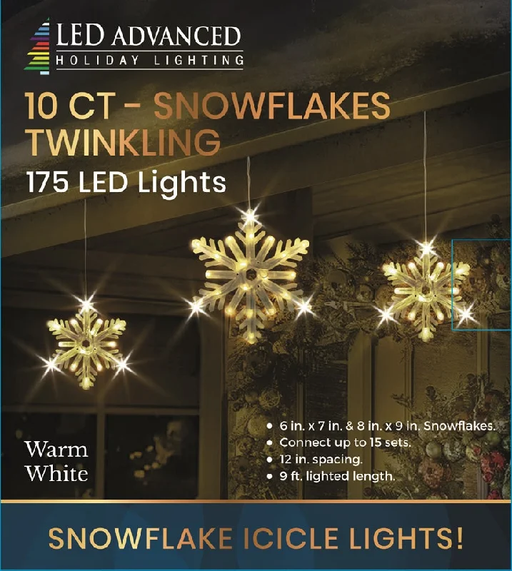 (Warm White) Set of 10 Warm White Twinkling LED Snowflakes