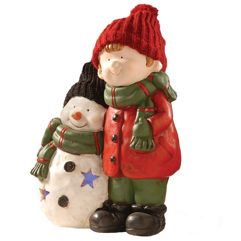 15 in. Lighted Boy & Snowman Decor