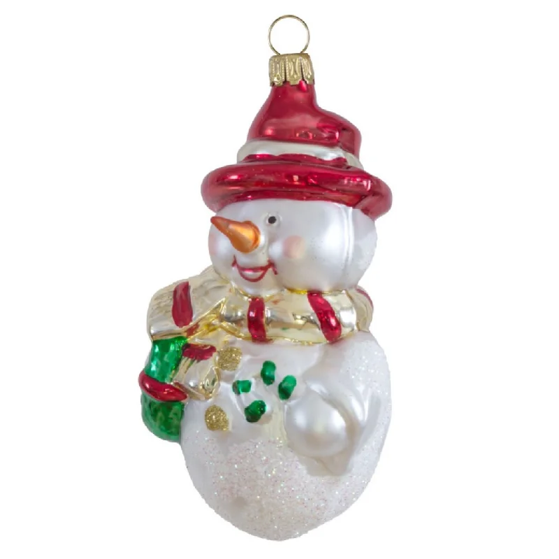 Snowman with Hat and Wreath Ornament by Glas Bartholmes