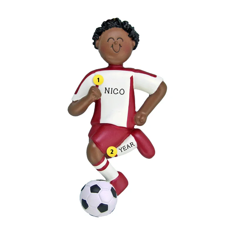 Personalized Soccer Ornament - African-American Male, Red Uniform